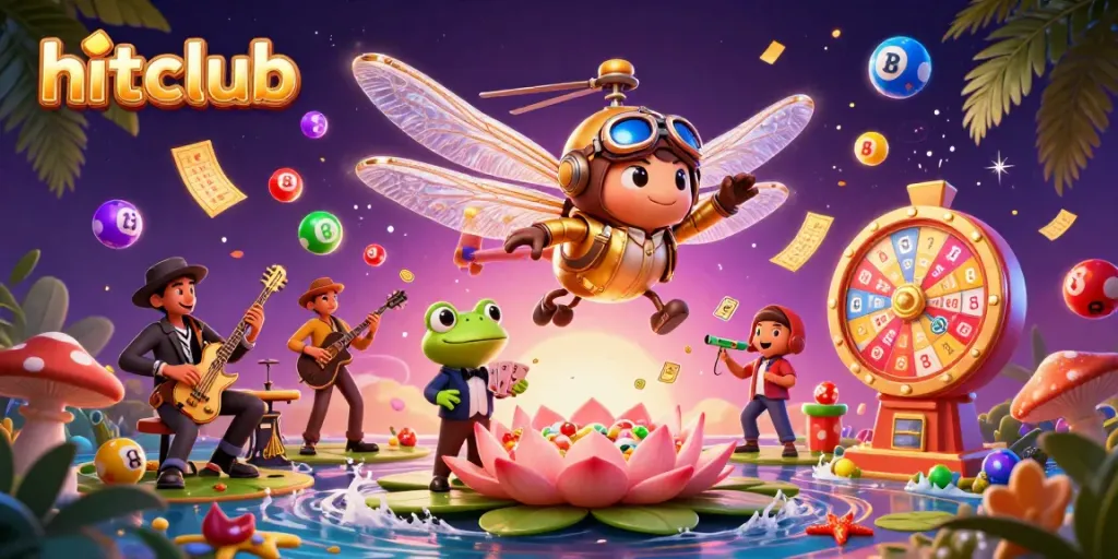 Hitclub frog croupier deals cards in a vibrant casino scene filled with lottery elements.