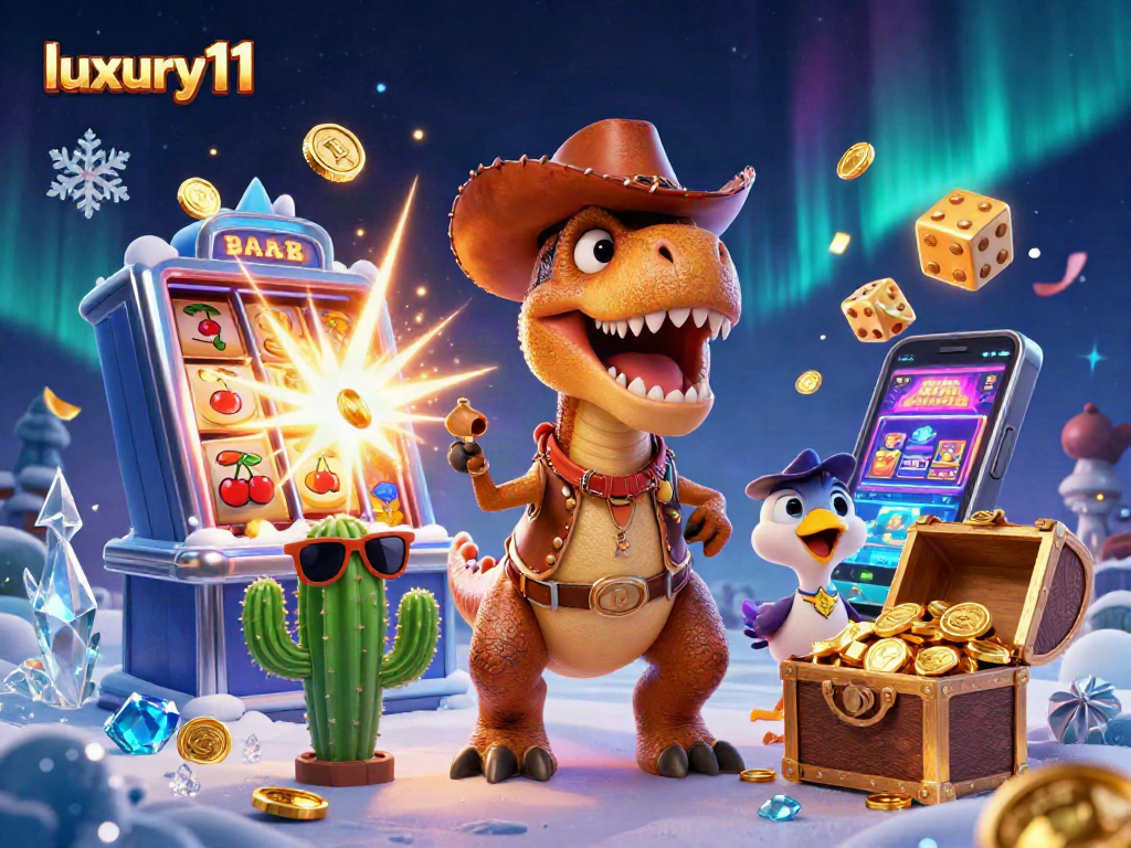 Experience thrilling gameplay at luxury111 with a lively 3D scene featuring cartoon dinosaur characters and casino elements.