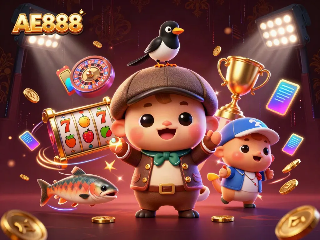 Join the fun with AE888's vibrant casino scene featuring playful characters and exciting gaming elements.