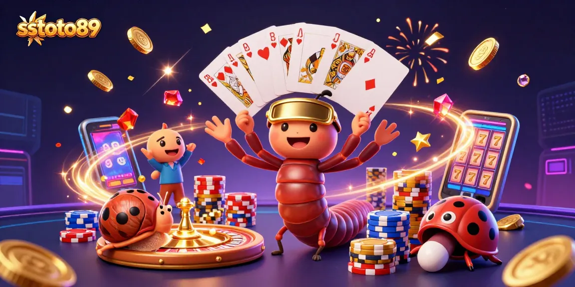 sstoto89 merayakan kemenangan di kasino dengan dealer dan simbol slot yang menarik.