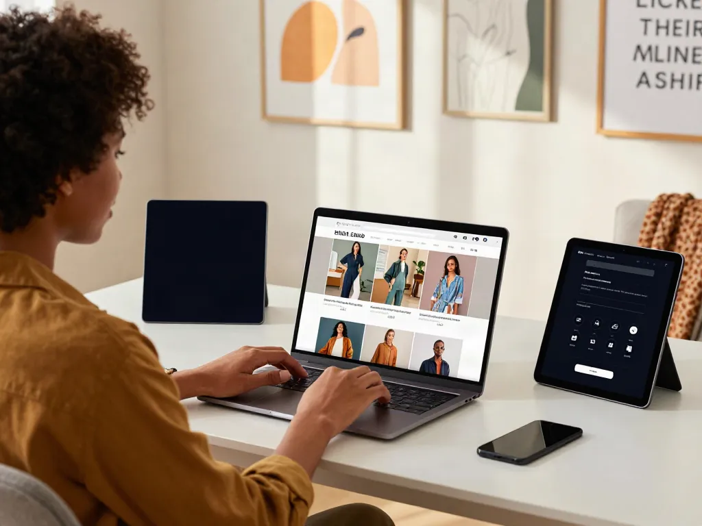 Person shopping online with peh888 fashion site on laptop, cozy home setting.