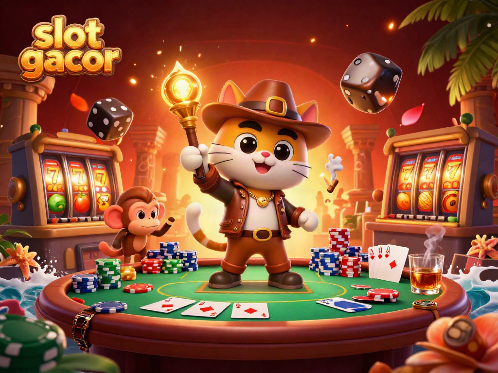 Engaging scene showcasing slot gacor with a cartoon explorer cat and monkey surrounded by vibrant casino artifacts.