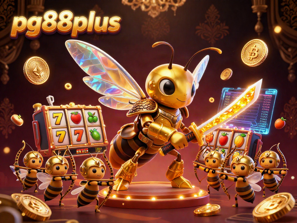 Engage with pg88plus as you spin slots with giant hornets and crypto elements in a vibrant casino scene.