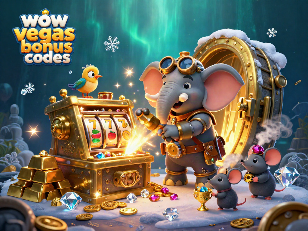 Enjoy WOW Vegas Bonus Codes with a golden slot machine manned by a steampunk engineer in a rich casino scene.