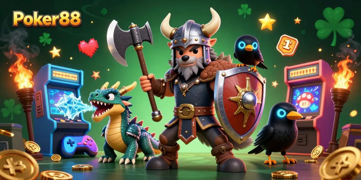 Experience the thrill of Poker88 with a Viking warrior, a fierce dragon, and vibrant arcade games.