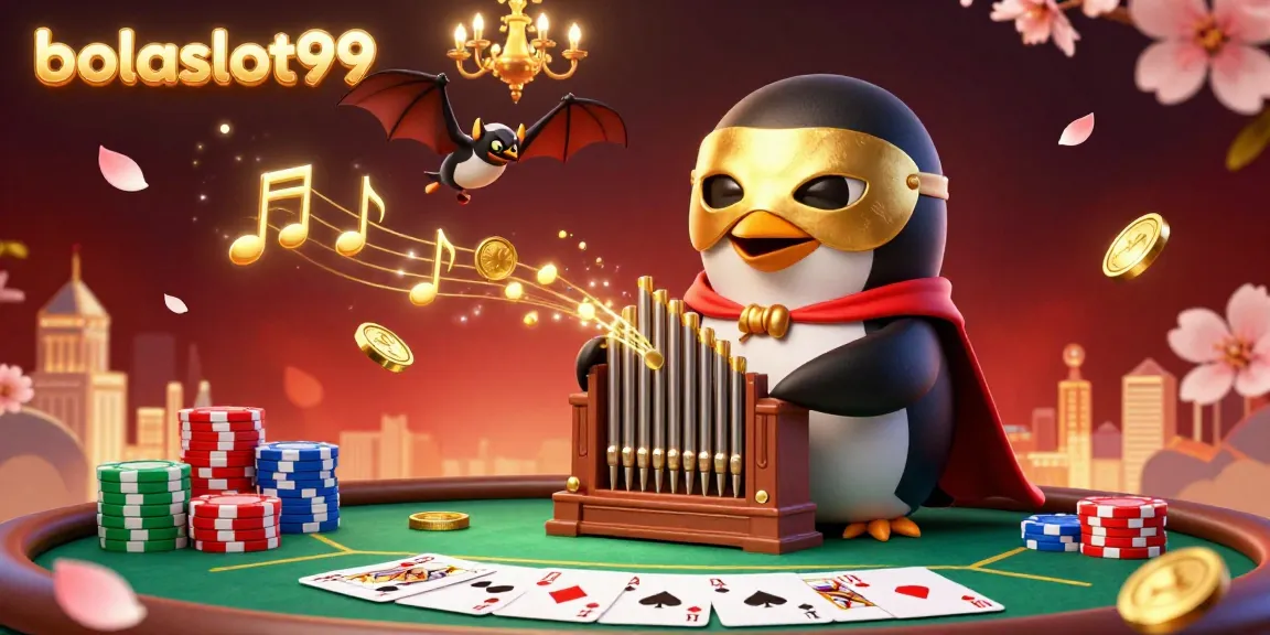 Bolaslot99 captivates players with an engaging scene featuring a penguin organist shooting coins and a bat acrobat.