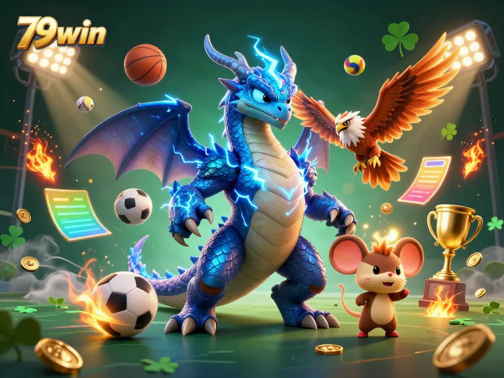 79win's thrilling gaming experience illustrated with a dynamic dragon and sports elements in a vibrant casino setting.
