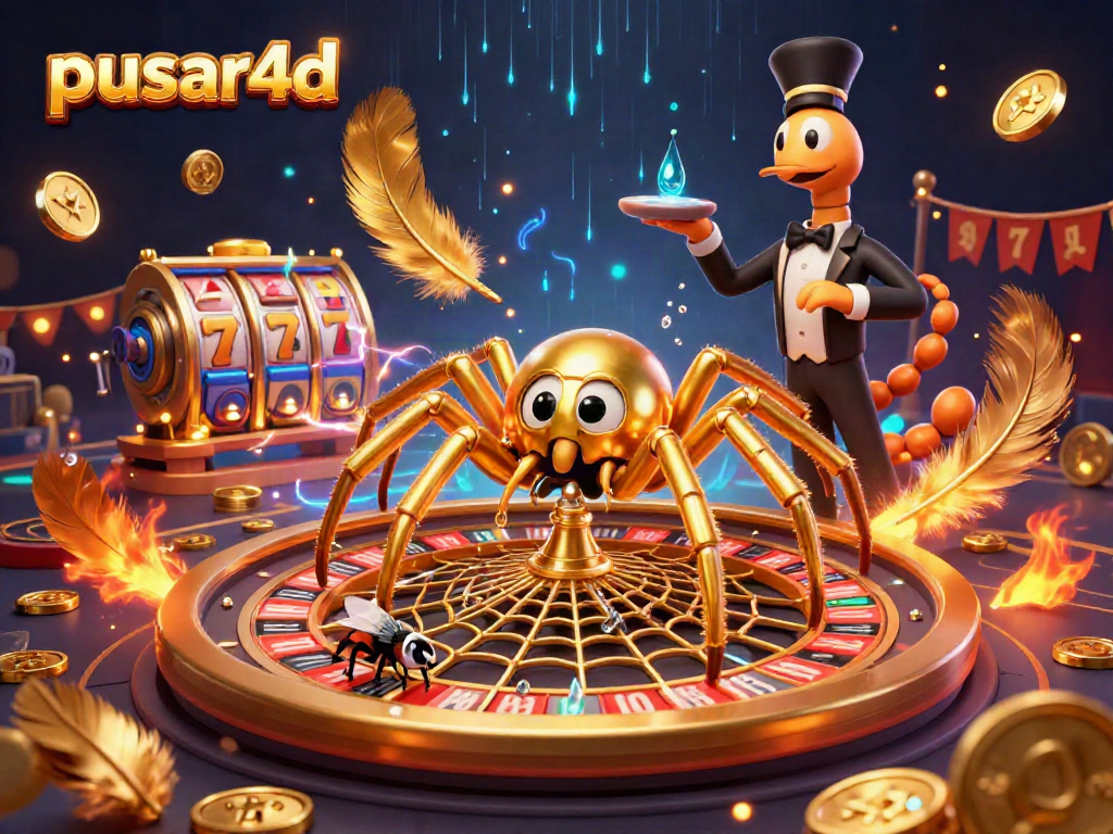 Menggoda taruhan pada pusar4d dengan laba-laba emas dan croupier serangga di latar kasino yang kaya.