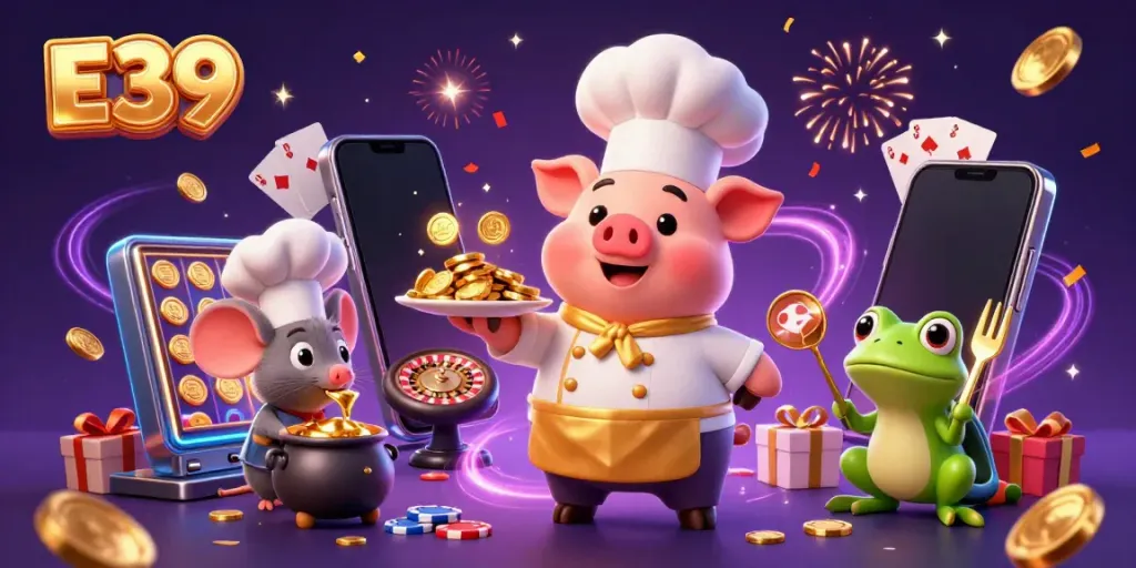 Engage with the vibrant E39 online casino experience featuring a chef pig serving golden coins with dynamic gaming elements.