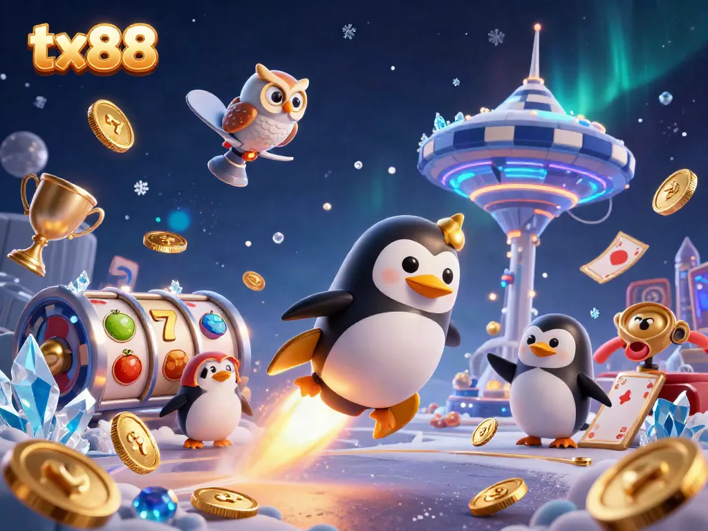 Watch the tx88 penguin soar towards a casino space station leaving a trail of golden coins, blending adventure and gambling.