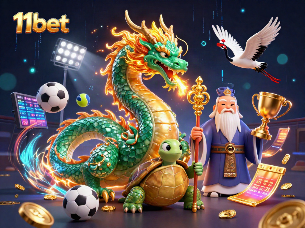 Engage in thrilling gameplay with 11bet illustrated by a jade dragon, turtle sage, and lucky cranes.