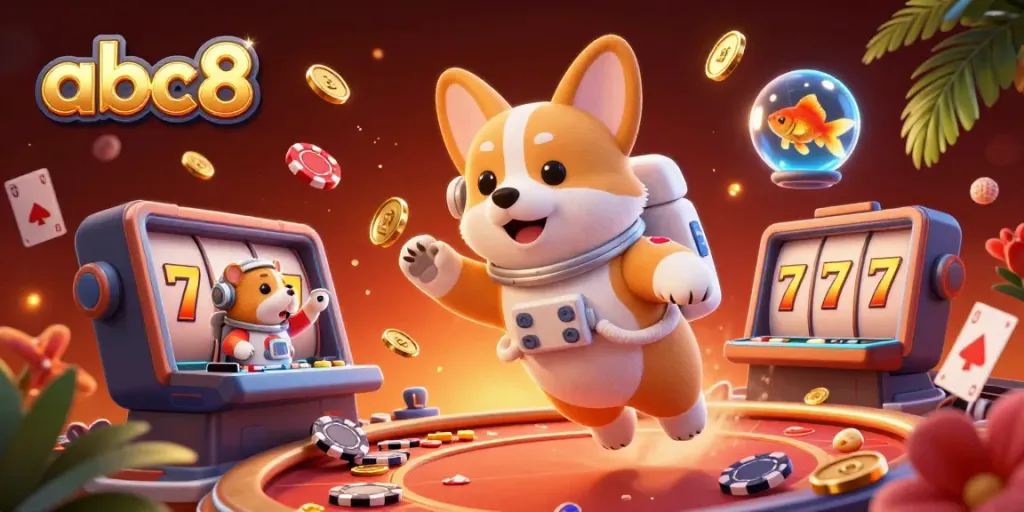 Engage with thrilling games at abc8, featuring a digital casino scene with an astronaut corgi and vibrant slots.