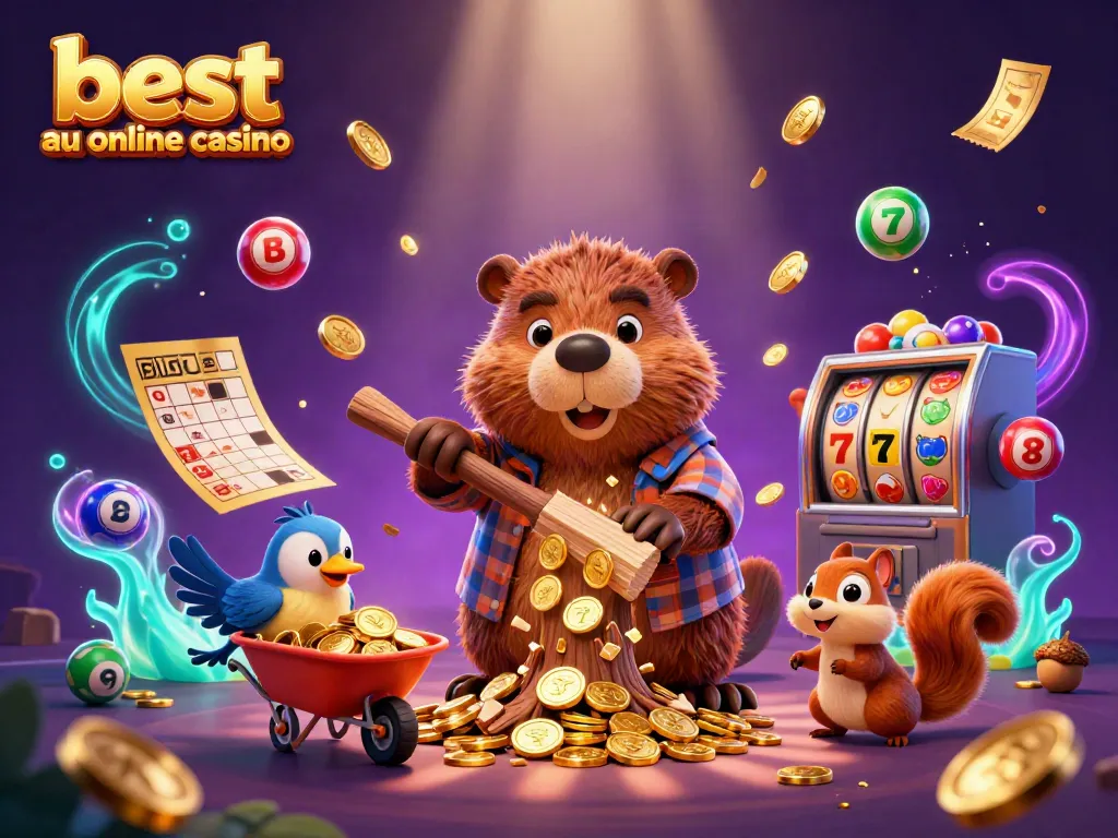 Experience the excitement of the best AU online casino with a whimsical beaver and colorful lottery elements.