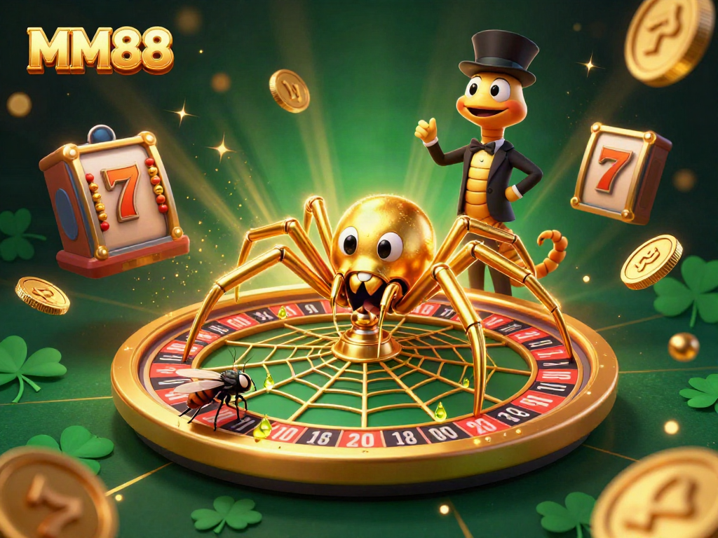 Experience the excitement of MM88 with a thrilling casino scene featuring a golden spider and a centipede dealer.
