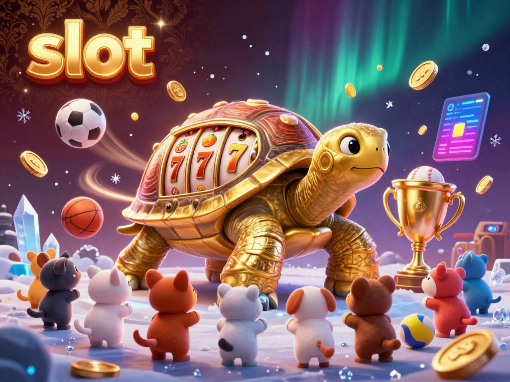 Engage with thrilling slot action featuring a golden tortoise slot machine amidst playful animals