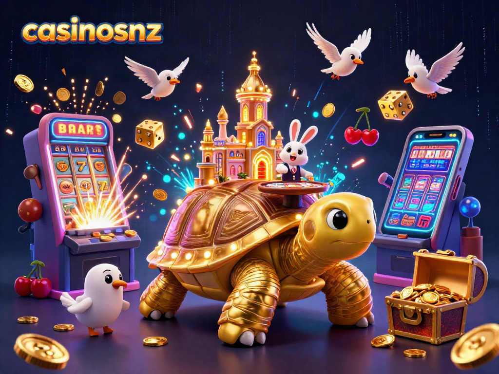 Experience casinosnz with a vibrant 3D illustration of a golden tortoise casino and dynamic characters.