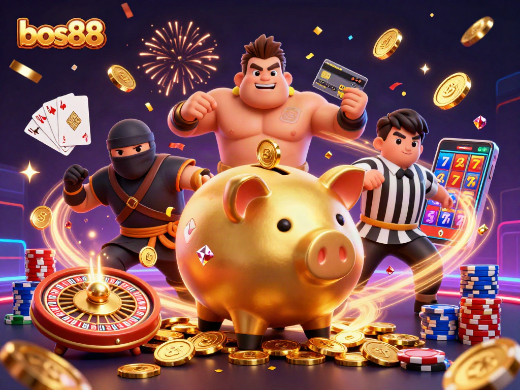 Gambaran dari bos88 dengan pemenang permainan yang menghasilkan koin emas terbang dan kemenangan jackpot dalam suasana meriah.