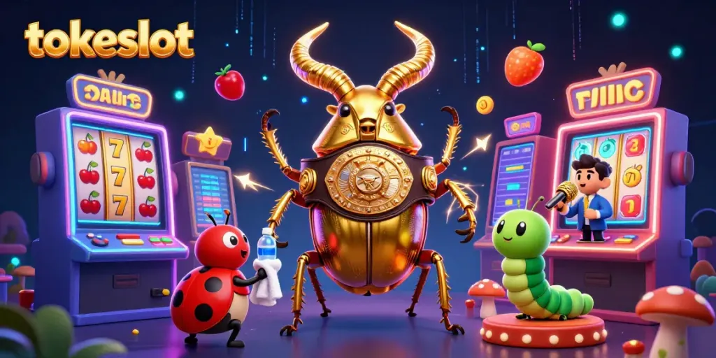 Experience the vibrant tokeslot gaming scene with dynamic characters and slot machines.