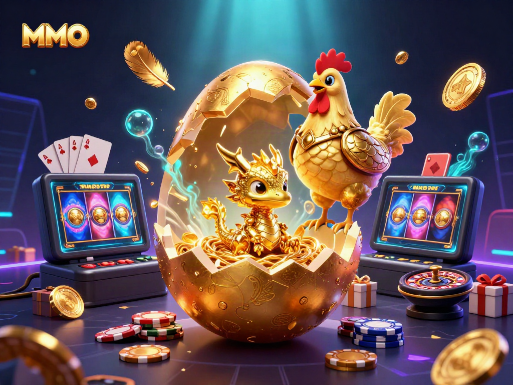 Experience MMOO's dynamic gambling universe with golden dragon, poker chips, and vibrant slots.