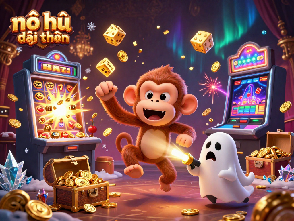 Nổ hũ đổi thưởng gameplay showcased in a vibrant, dynamic casino scene with golden coins, slot machine bursts, and a playful ghost-hunter puppy.