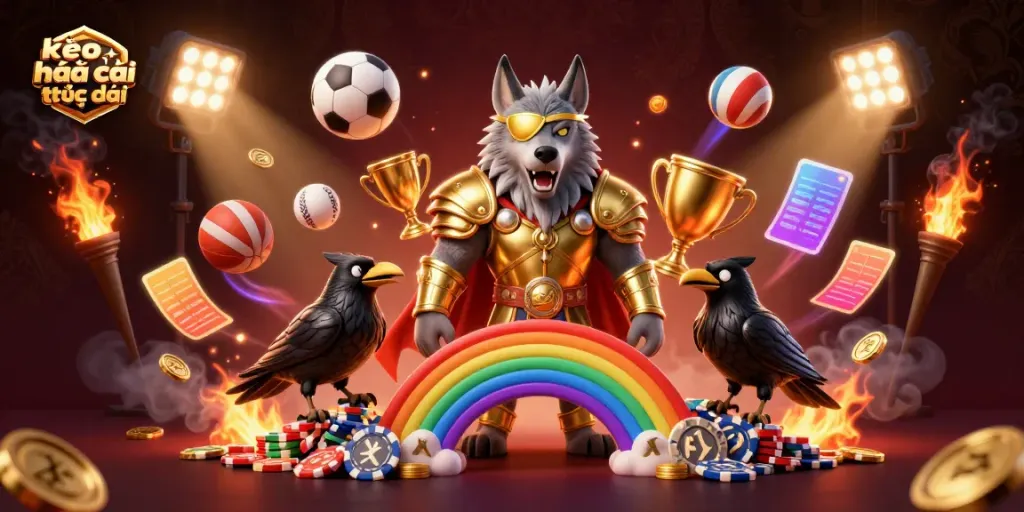 Engage with the action of kèo nhà cái trực tiếp in a vibrant casino-like setting, featuring Norse and sports elements.