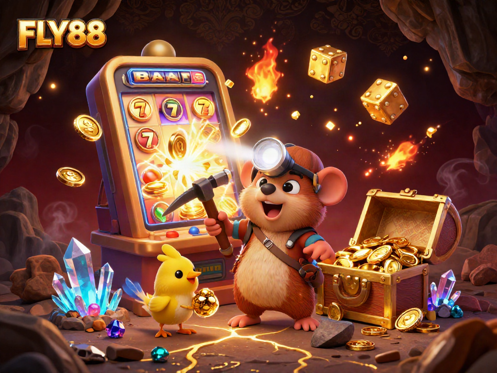 Experience FLY88 action with vibrant 3D illustration showcasing treasure hunter mole amidst casino riches.