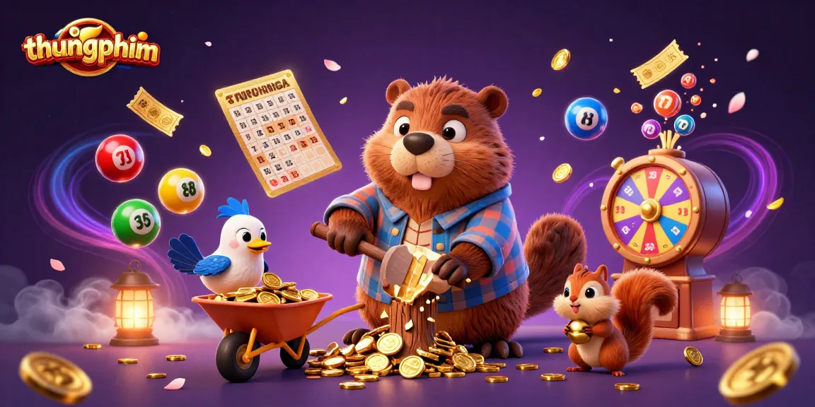 Engage with thungphim as a cartoon beaver chops for golden coins amid colorful casino magic.