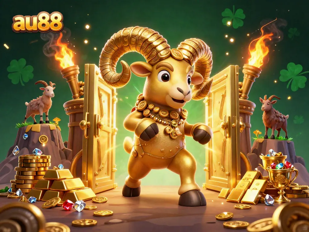 Experience excitement at au88 with a majestic golden ram charging through treasure gates amid overflowing riches.