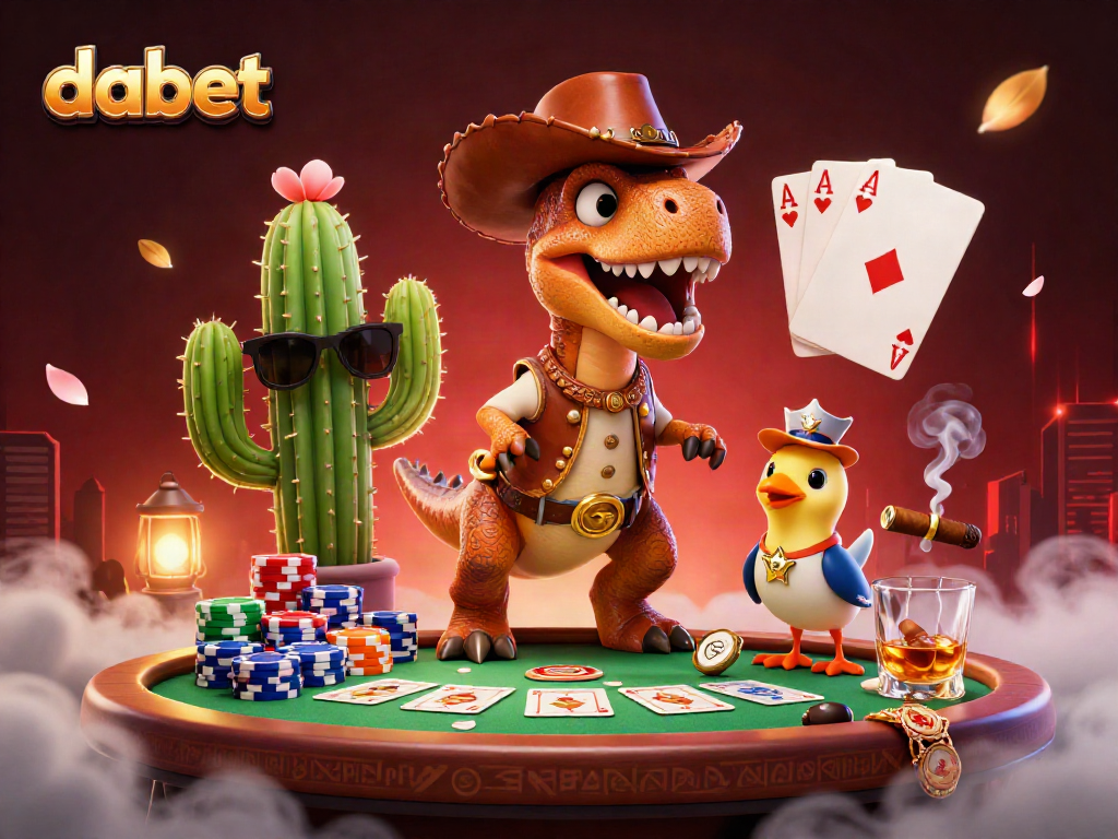 Dabet offers thrilling poker action with colorful chips and engaging characters in a vivid casino setting.