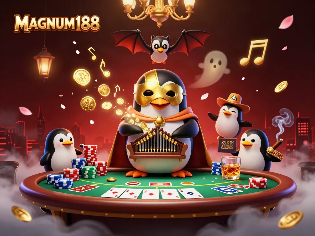 Experience the thrilling atmosphere of MAGNUM188, featuring a penguin organist and live casino elements.
