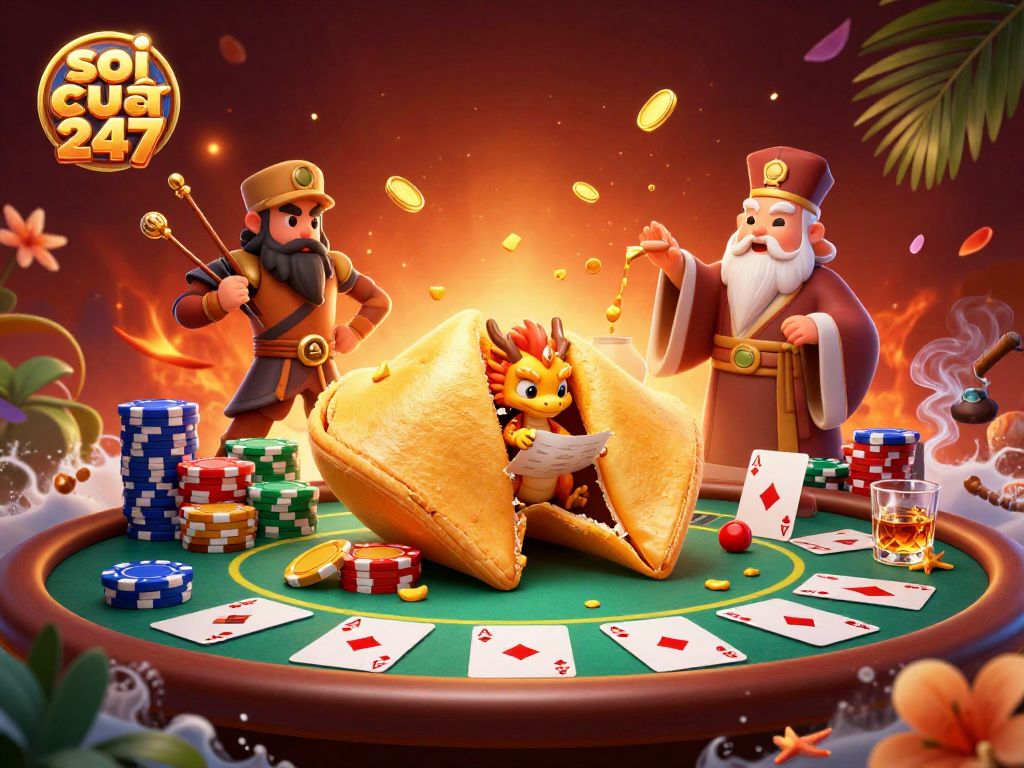 Soi cầu 247 delivers vibrant gameplay with a giant golden fortune cookie and a wise dragon in a dynamic casino scene.