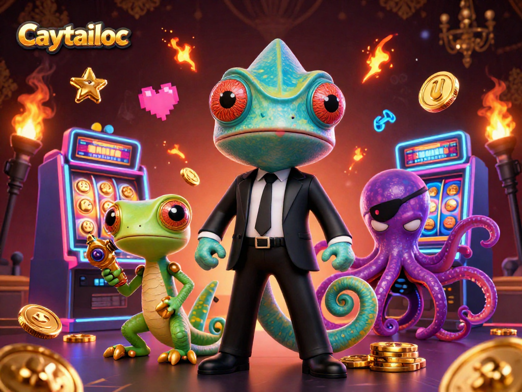 Caytailoc slot machines with vibrant reels and characters chasing jackpots in a colorful casino scene.