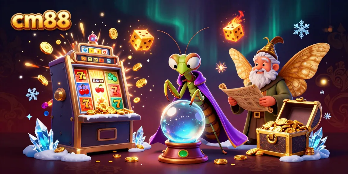 Engage with the vibrant cm88 casino scene filled with a fortune teller, a librarian, and a jackpot slot machine.