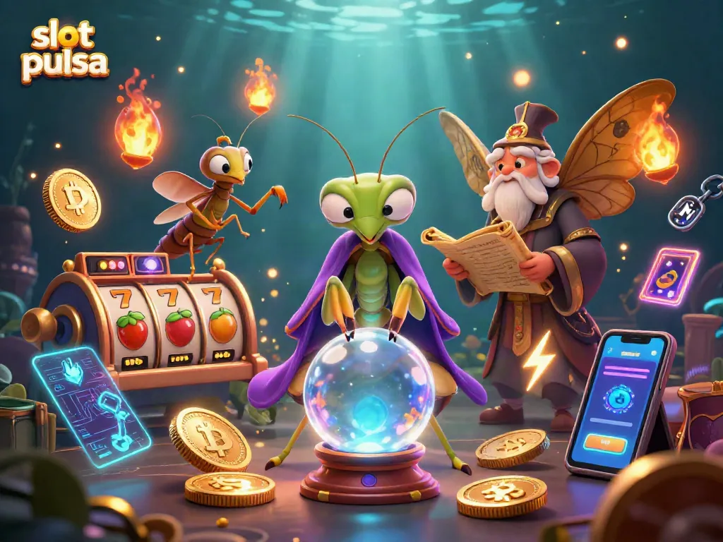Engage with slot pulsa excitement through a magical 3D casino scene with mystical characters and vibrant game elements.