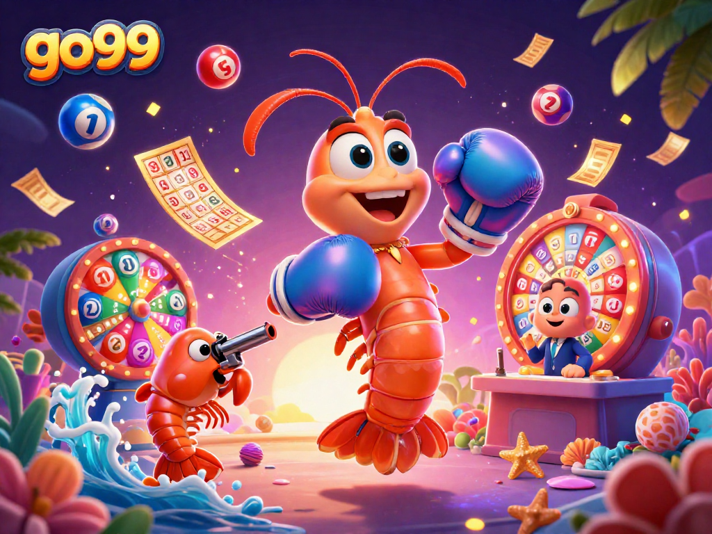 Play exciting games and win with go99's vibrant lottery-themed illustration featuring engaging casino elements.