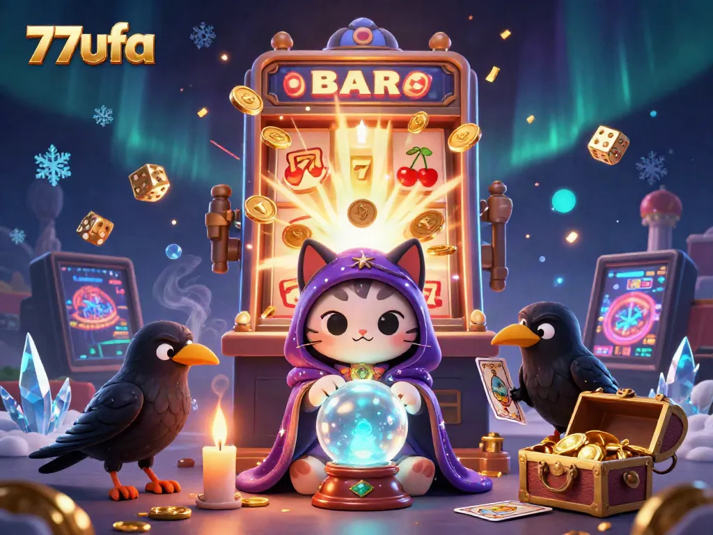 Experience the thrill at 77ufa with a vibrant display of gambling action, featuring a mystical cat and slot machine bursting with joy.