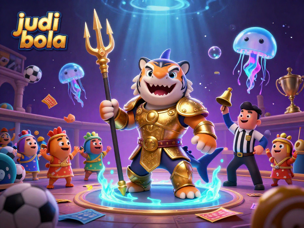 Engage in judi bola action with a dynamic underwater sports betting scene featuring a fierce shark and lively elements.