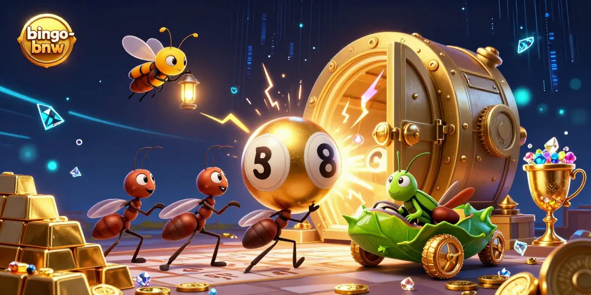 Join the bingo-bnw heist with animated ants and firefly lookout capturing big jackpots in this vibrant illustration.