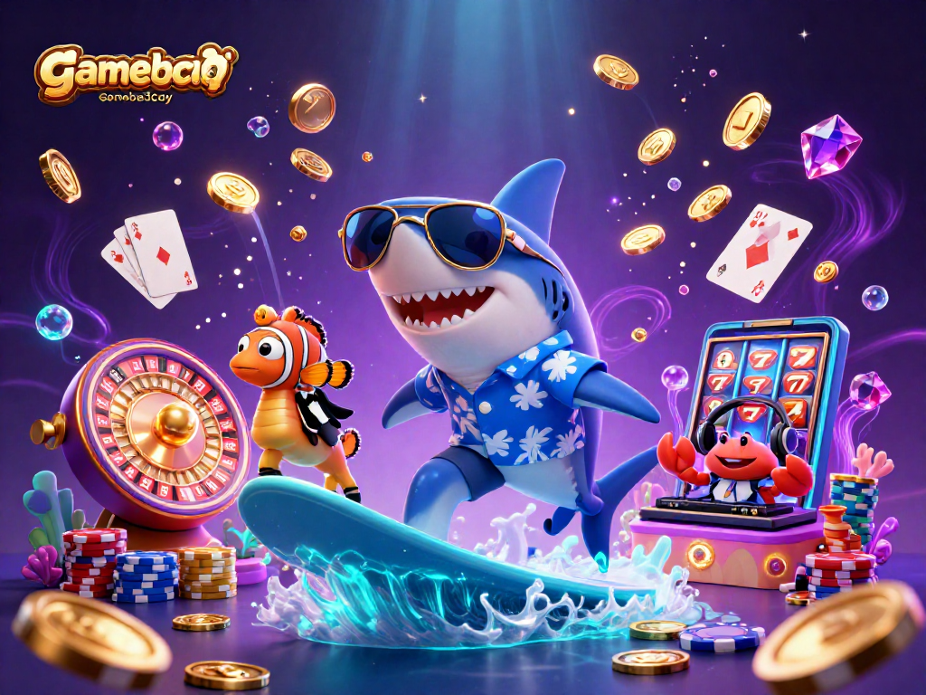 Join the gamebai3cay adventure with a vibrant underwater casino scene featuring a lively shark and seahorse.