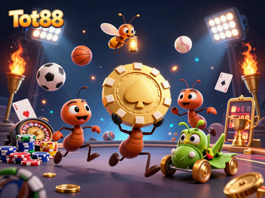 Tot88 showcases a 3D cartoon heist scene with ants carrying a giant poker chip amidst casino elements.