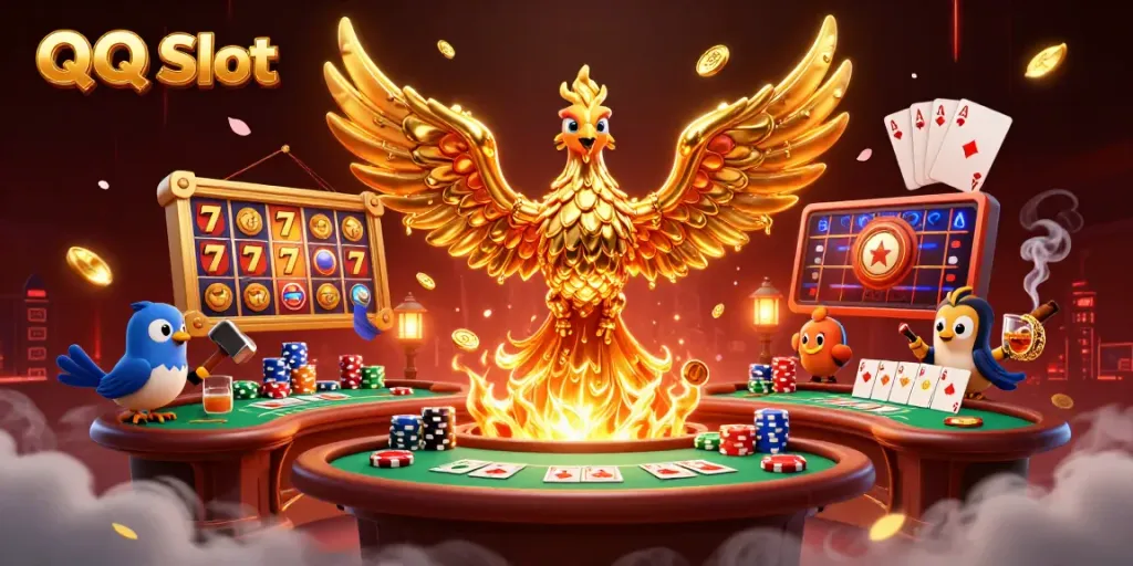 Engage with QQ Slot's thrilling gaming scene featuring a phoenix and dynamic casino elements.