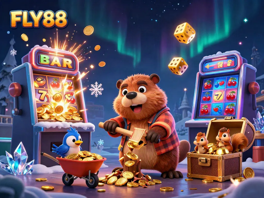 Experience the thrilling gameplay at FLY88 with cartoon characters amidst a jackpot explosion of coins.