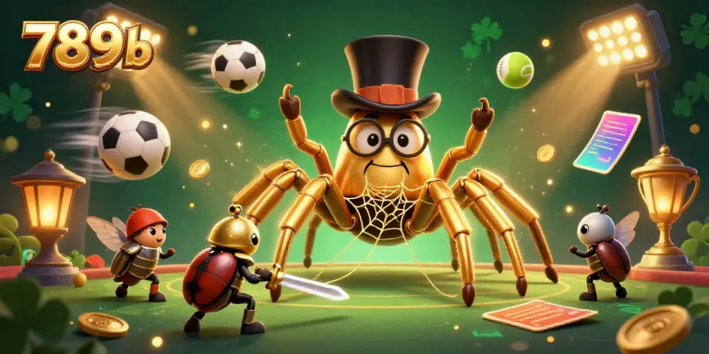 Engage in thrilling gaming at 789b with a vibrant 3D casino scene featuring a golden tarantula, knight, and sports elements.