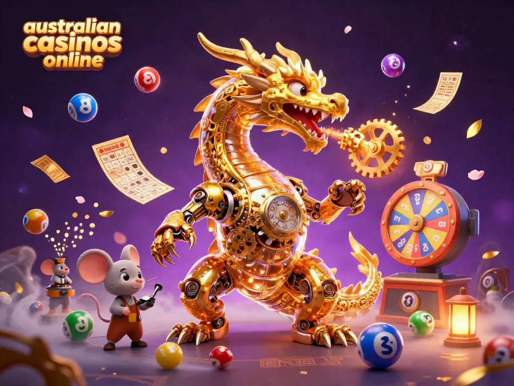 Experience the excitement of australian casinos online with a cartoon gold dragon and dynamic gaming elements.