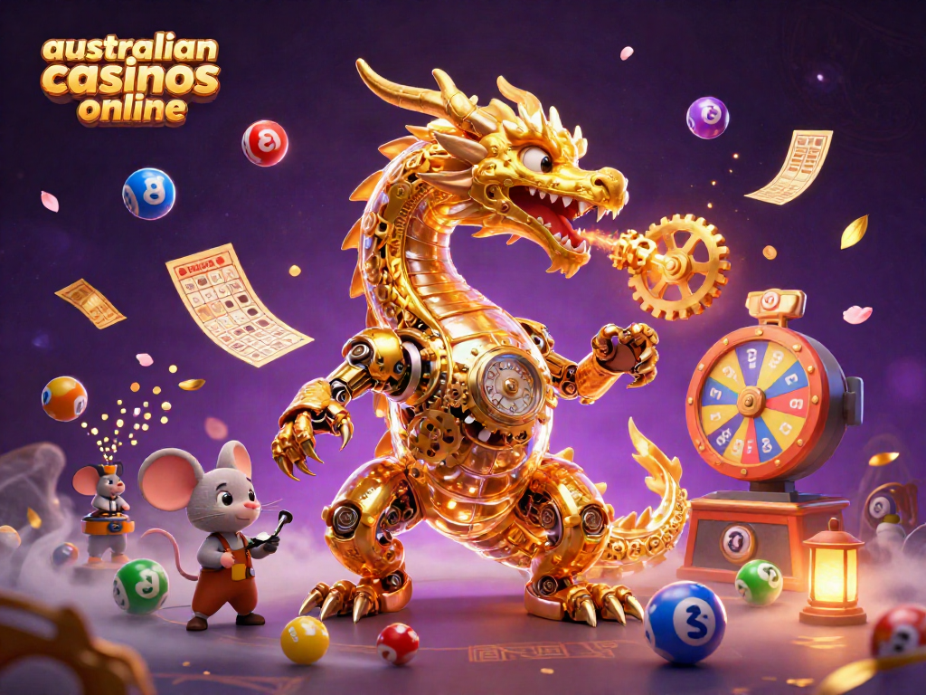 Experience the excitement of australian casinos online with a cartoon gold dragon and dynamic gaming elements.