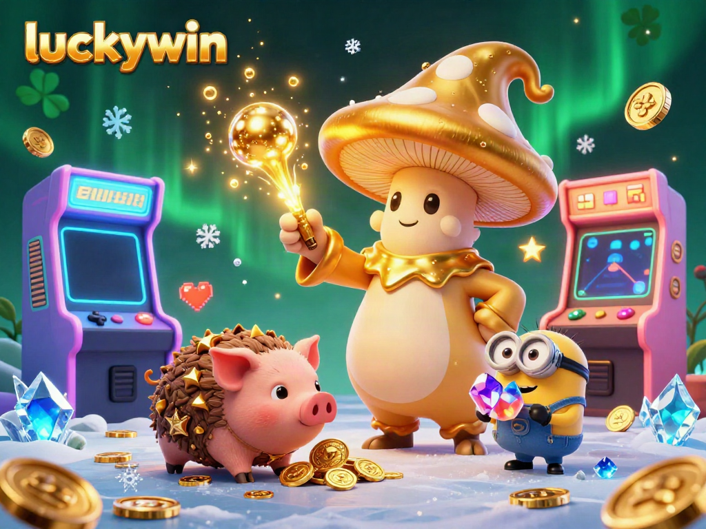Enjoy the thrilling world of luckywin by experiencing a magical scene with a golden mushroom wizard and treasures!