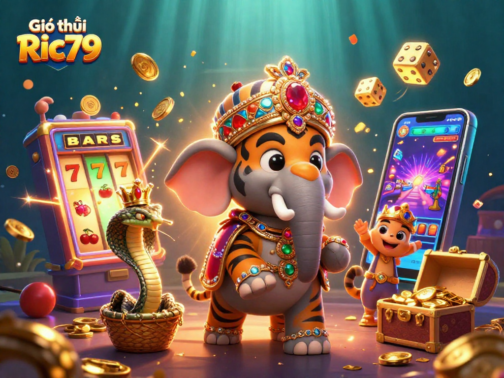Experience the thrill with Giới thiệu Ric79's vibrant casino action illustration featuring a maharaja tiger and jackpot symbols.
