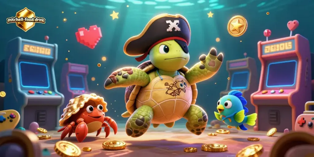 Engage with thrilling gameplay elements in the vibrant mitchell-food-drink casino adventure scene showcasing pirate characters.