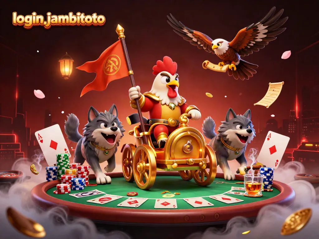 Join the excitement and login jambitoto for thrilling gameplay with our vibrant scene featuring a rooster warlord and casino elements.