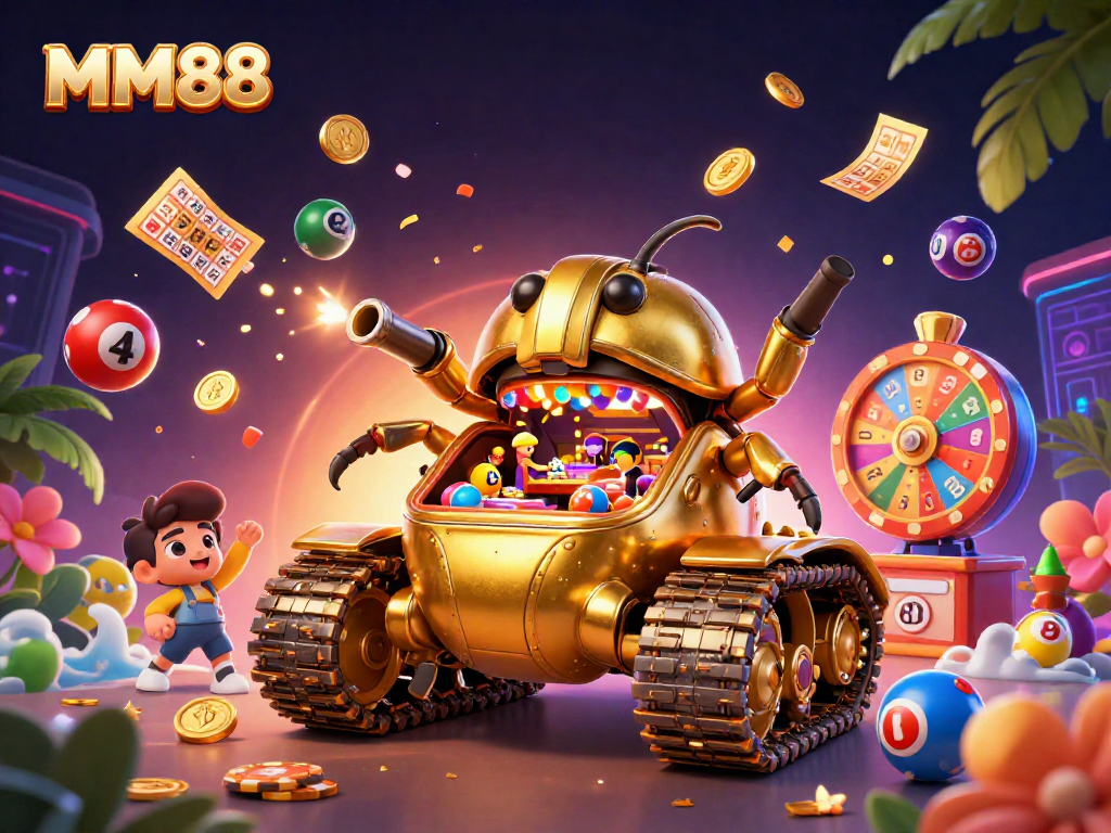 Bet big at MM88 with a vibrant casino scene inside a golden beetle tank, celebrating winnings!